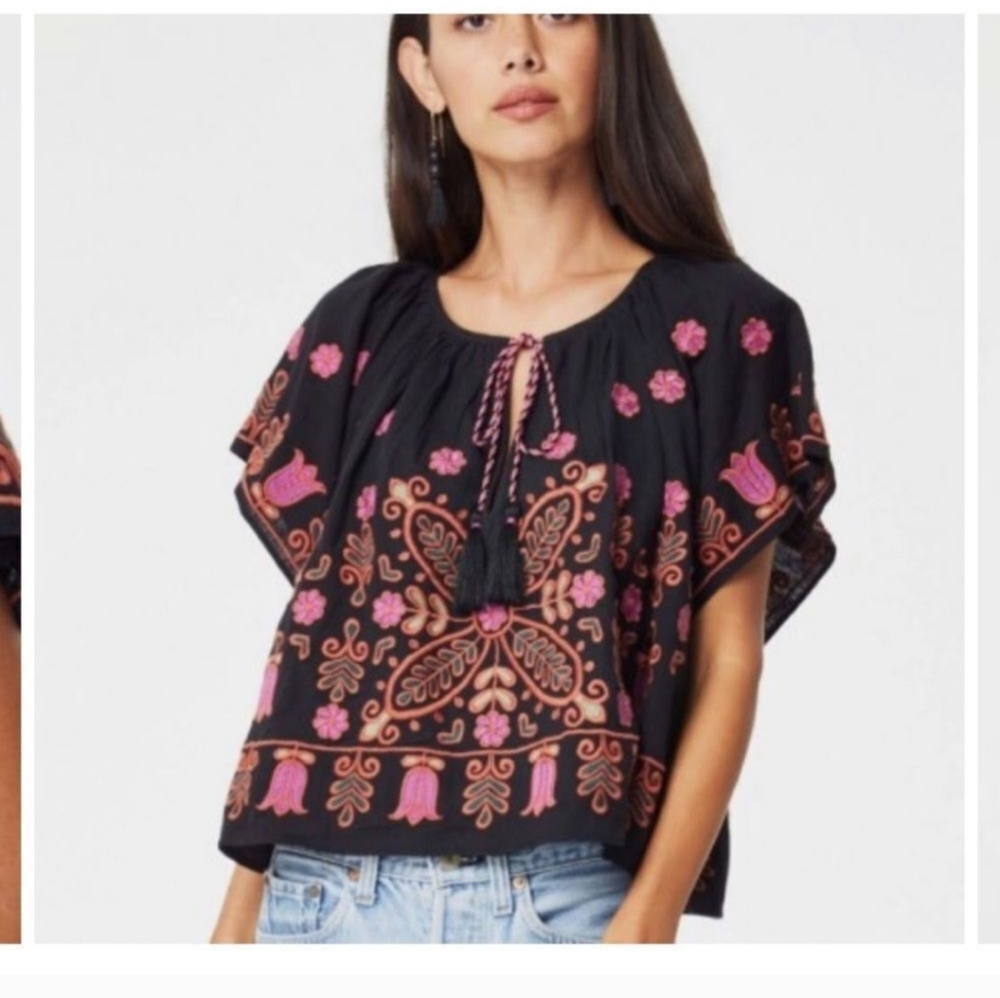 Roller Rabbit Embrodiered Peasant Top Small Black Pink Boho